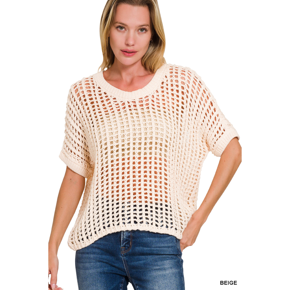 Z2 BEIGE Zenana Fish Net Short Sleeve Crochet Sweater Various Sizes